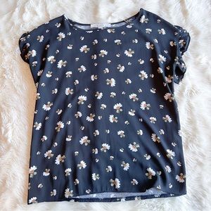 Black Blouse with Blue Green and Orange Floral Design